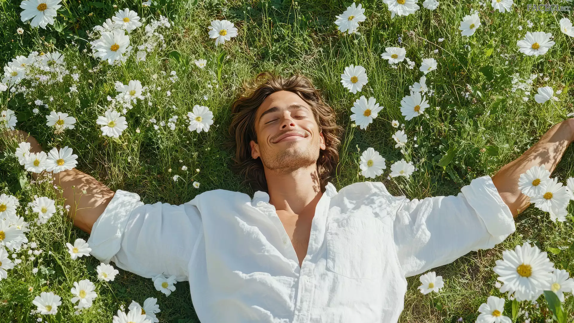 Mężczyzna, Kwiaty, Łąka, Stokrotki